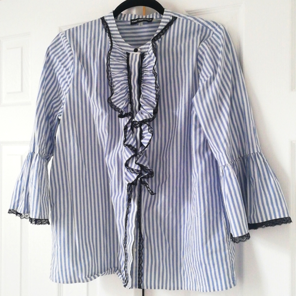 Karl Lagarfeld Jabot with lace trims stripes shirt
